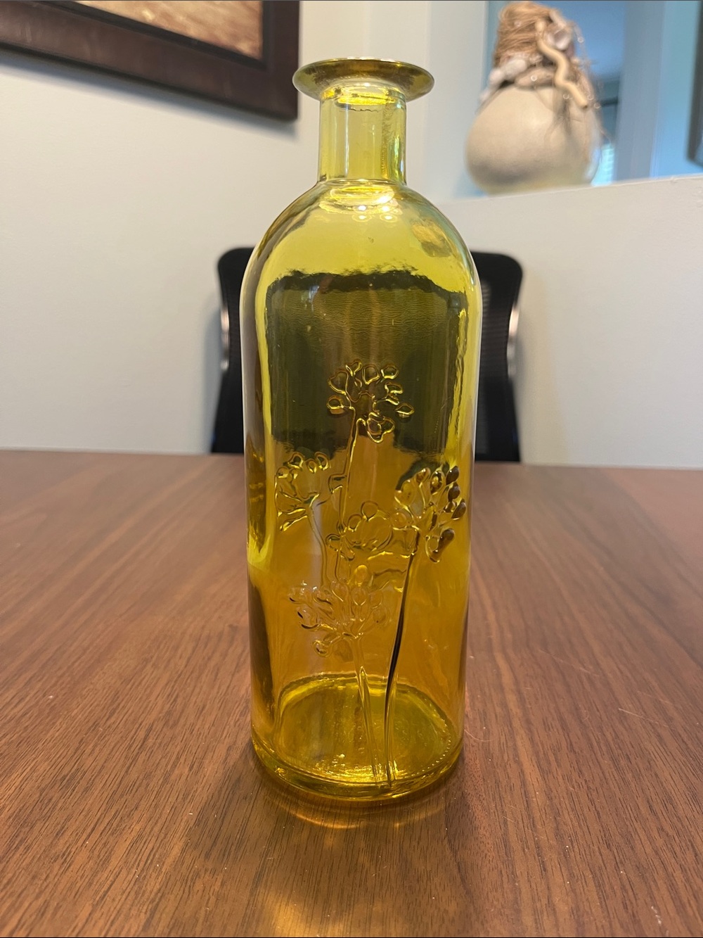 Yellow Embossed Floral Glass Bottle Vase